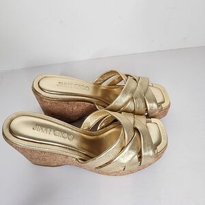 Jimmy Choo Maribou 110 Slip on Platform Wedge Slide Sandals In Gold Size 36.5